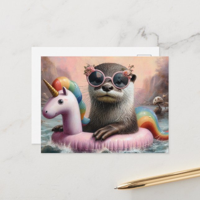 Otter auf einem rosa Einhornfloß Postkarte (Vorderseite/Rückseite Beispiel)