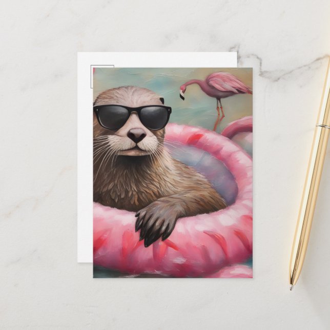 Otter auf einem rosa Float Postkarte (Vorderseite/Rückseite Beispiel)