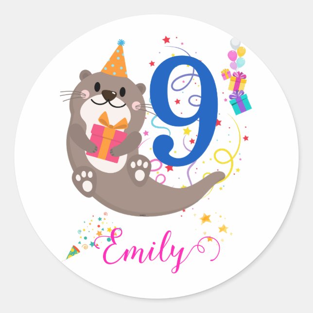 Otter Birthday Girl Party Bunte Balloons Thema Runder Aufkleber (Vorderseite)