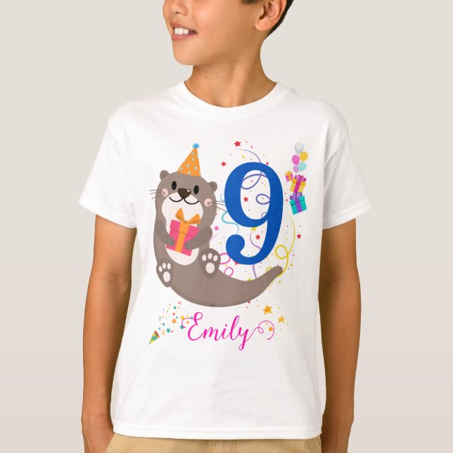 Otter Birthday Girl Party Bunte Balloons Thema T-Shirt (Vorderseite)