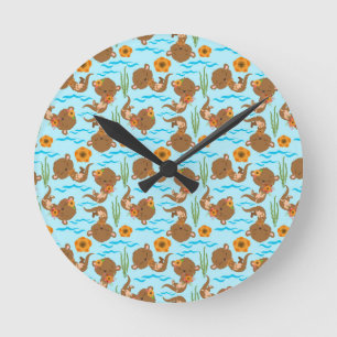 Otter Family Orange Flowers Floral Aquatic Animal Runde Wanduhr