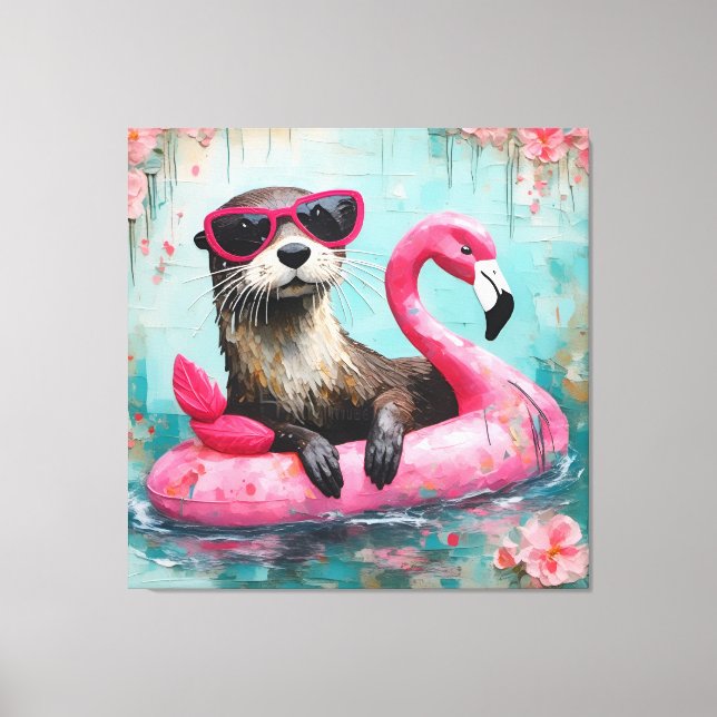Otter Floating auf einem rosa Flamingo Funny Colla Leinwanddruck (Vorderseite)