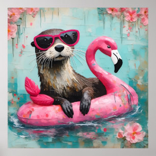 Otter Floating auf einem rosa Flamingo Funny Colla Poster