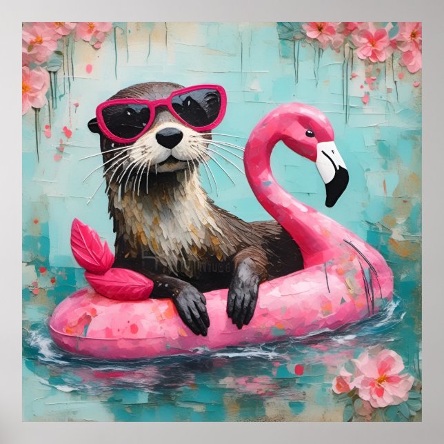 Otter Floating auf einem rosa Flamingo Funny Colla Poster (Vorne)
