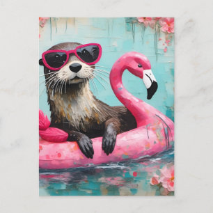 Otter Floating auf einem rosa Flamingo Funny Colla Postkarte