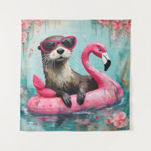Otter Floating auf einem rosa Flamingo Funny Colla Wandteppich
