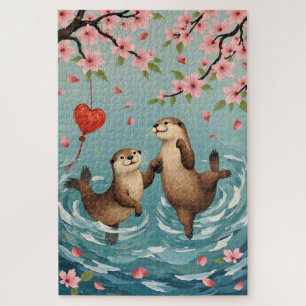 Otter halten sich an den Pfoten mit Valentinslater Puzzle