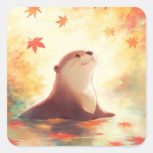 Otter im Wasser mit fallenden Herbstahornblättern Quadratischer Aufkleber