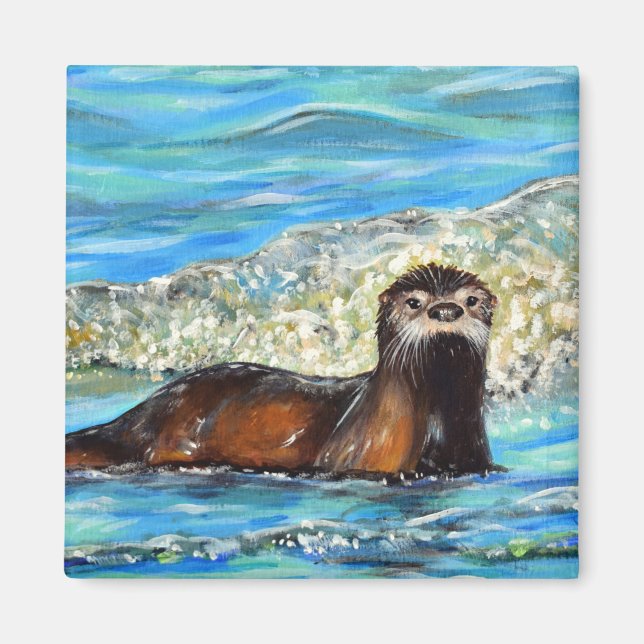 Otter in den Waves 2 Gemälde Magnet (Vorne)