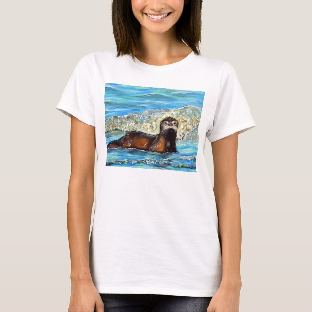 Otter in den Waves 2 Gemälde T-Shirt (Vorderseite)