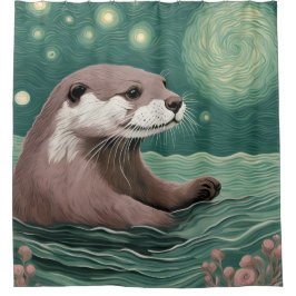 Otter in der Sternennacht und Rose Duschvorhang