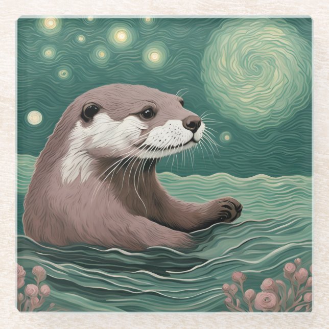 Otter in der Sternennacht und Rose Glasuntersetzer (Vorderseite)