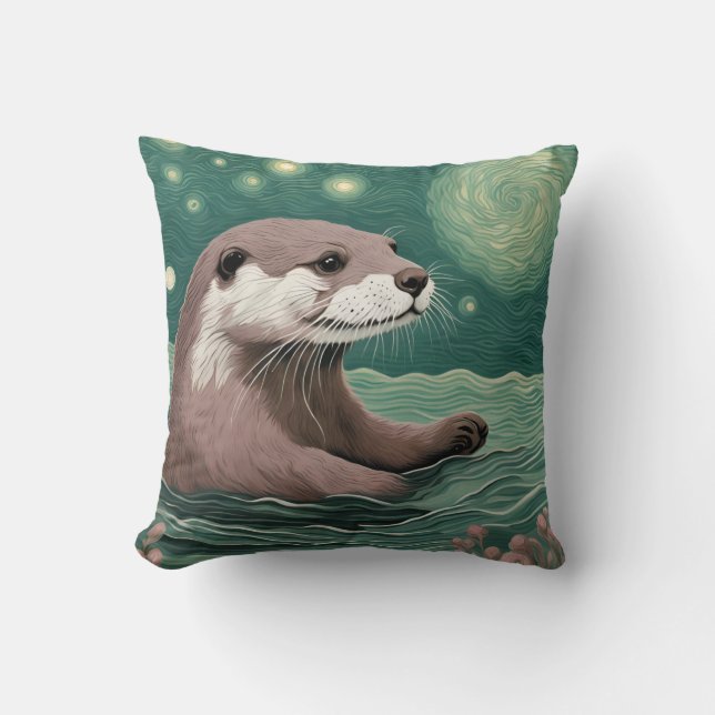 Otter in der Sternennacht und Rose Kissen (Vorderseite)