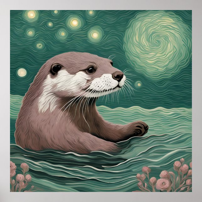 Otter in der Sternennacht und Rose Poster (Vorne)
