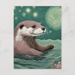 Otter in der Sternennacht und Rose Postkarte