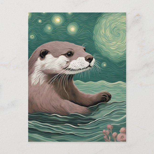 Otter in der Sternennacht und Rose Postkarte (Vorderseite)