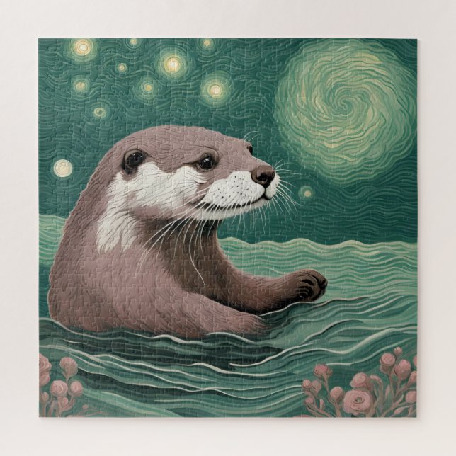 Otter in der Sternennacht und Rose Puzzle (Vertikal)