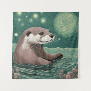 Otter in der Sternennacht und Rose Wandteppich