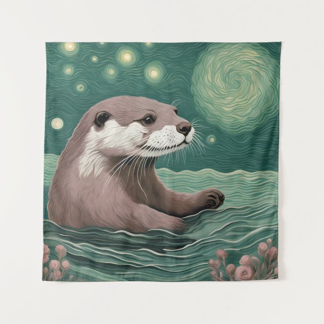 Otter in der Sternennacht und Rose Wandteppich (Vorderseite)