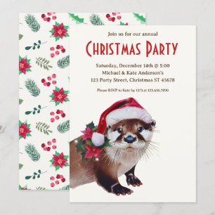 Otter in der Weihnachtsmannmütze Poinsettias Weihn Einladung