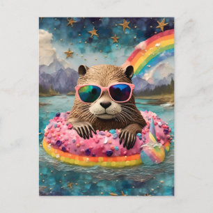 Otter in einer Doughnut auf einer Floattour Postkarte