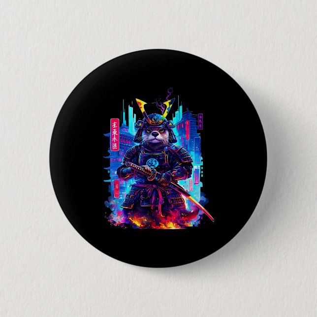 Otter Katana Cyberpunk Neon Samurai Japanese Art  Button (Vorderseite)