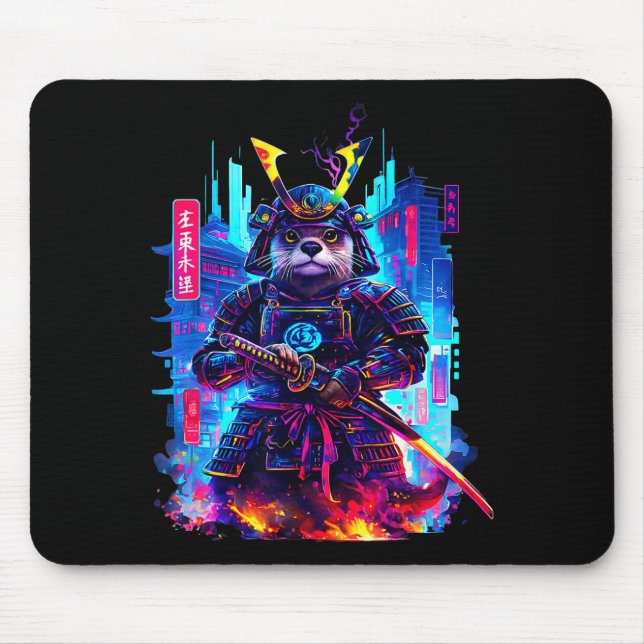Otter Katana Cyberpunk Neon Samurai Japanese Art  Mousepad (Vorne)