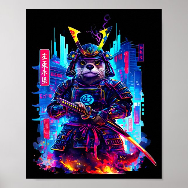 Otter Katana Cyberpunk Neon Samurai Japanese Art  Poster (Vorne)