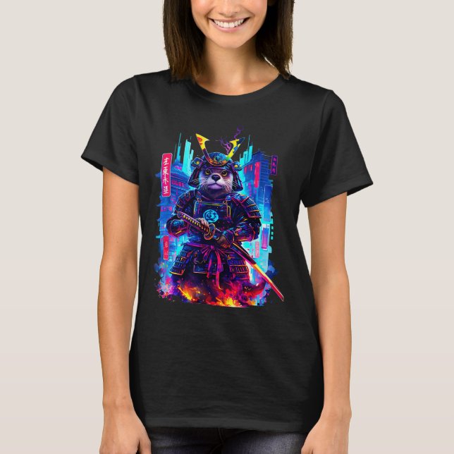 Otter Katana Cyberpunk Neon Samurai Japanese Art  T-Shirt (Vorderseite)