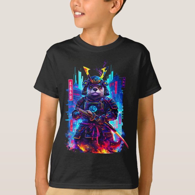 Otter Katana Cyberpunk Neon Samurai Japanese Art  T-Shirt (Vorderseite)