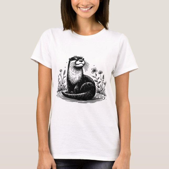 Otter Line Art Nature Illustration T-Shirt (Vorderseite)