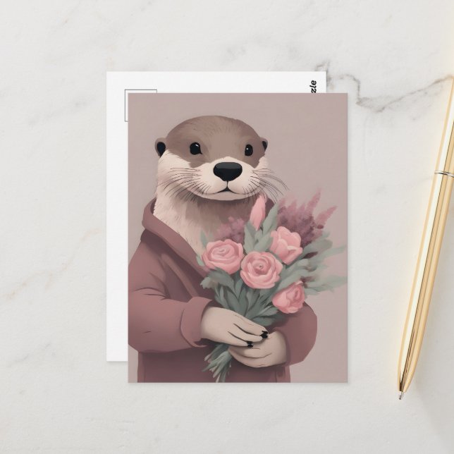 Otter mit Blume Postkarte (Vorderseite/Rückseite Beispiel)