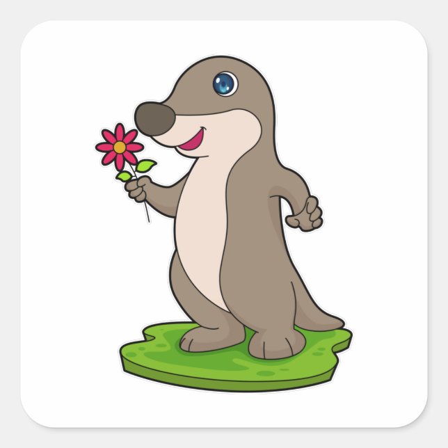 Otter mit Blume Quadratischer Aufkleber (Vorderseite)