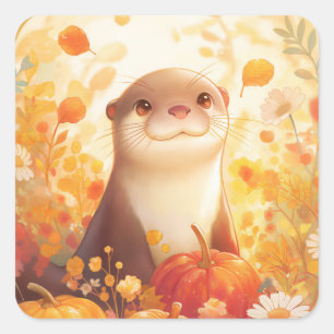 Otter mit Kürbissen und Herbstblumen Quadratischer Aufkleber