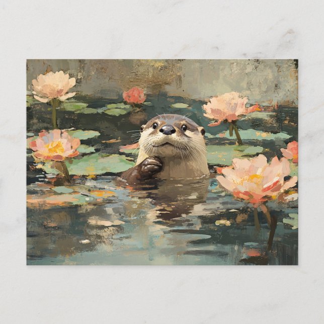 Otter mit Lotus-Blume Malerei Postkarte (Vorderseite)