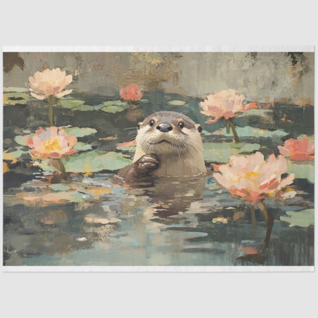 Otter mit Lotus-Blume Zeichnen von Decoupage Seidenpapier (Vorderseite)
