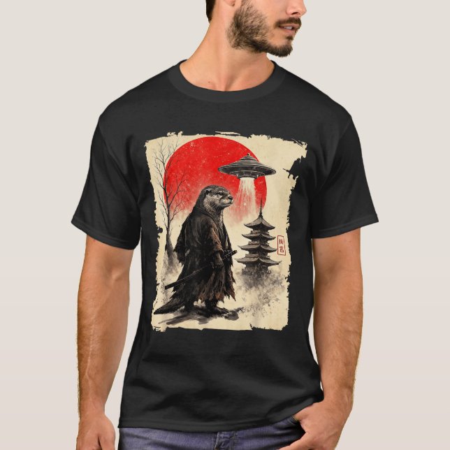 Otter Samurai Retro Ufo Japanese Warrior Art Graph T-Shirt (Vorderseite)