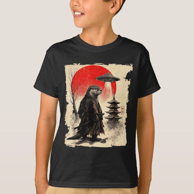 Otter Samurai Retro Ufo Japanese Warrior Art Graph T-Shirt (Vorderseite)