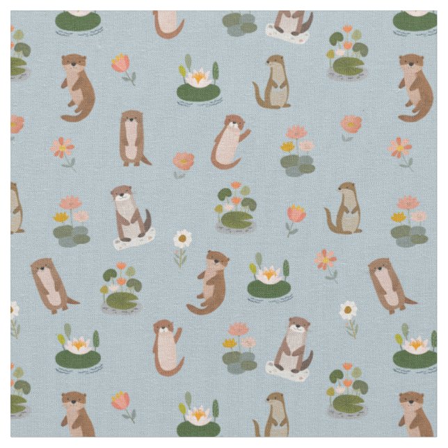 Otter & Seerosen auf blassem Graublau Stoff (Nahaufnahme)