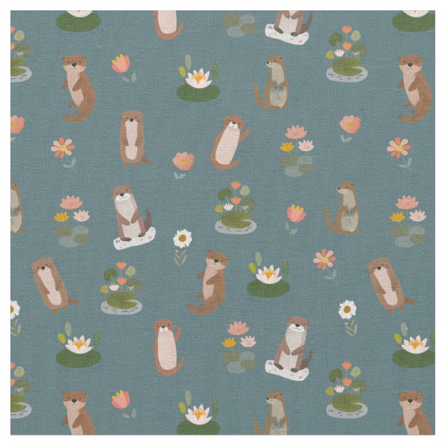 Otter & Seerosen auf dunklem Teal Stoff (Nahaufnahme)