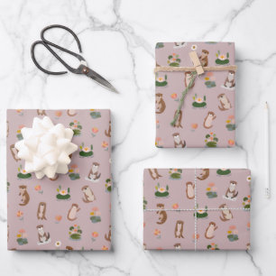 Otter & Seerosen auf Hellgrau-Rosa Geschenkpapier Set