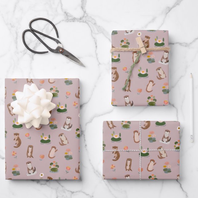 Otter & Seerosen auf Hellgrau-Rosa Geschenkpapier Set (Vorderseite)
