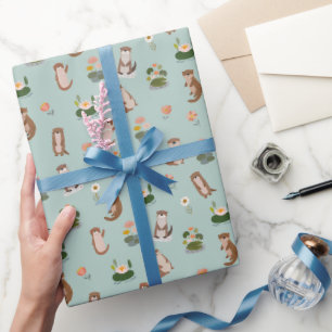 Otter & Seerosen auf Pistaziengrün Geschenkpapier