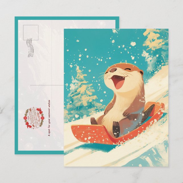 Otter Sledding in Snow Postkarte (Vorne/Hinten)