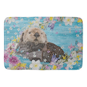 Otter Swimming in Flowers Badematte