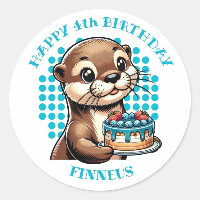 Otter Themed Boys erster Geburtstag Personalisiert Runder Aufkleber (Vorderseite)