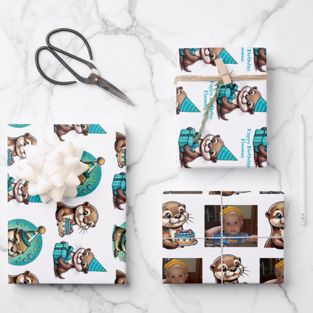 Otter Themed Boys Geburtstag Personalisiert Geschenkpapier Set (Vorderseite)