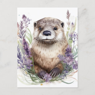 Otter und violette Blumen Wasserfarbe Postkarte