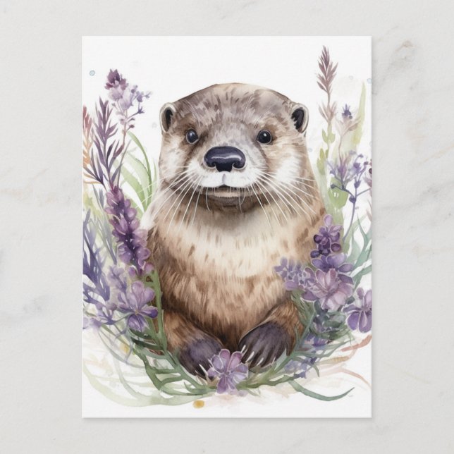Otter und violette Blumen Wasserfarbe Postkarte (Vorderseite)