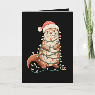 Otter-Weihnachts-Tier-Weihnachtslichter-Santa-Hut Karte